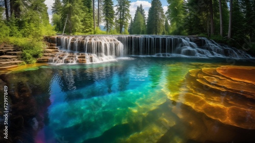 Waterfall Cascading into Rainbow-Hued Pool