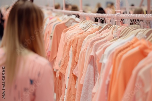 shoppers browsing racks of clothes with prominent peach hues