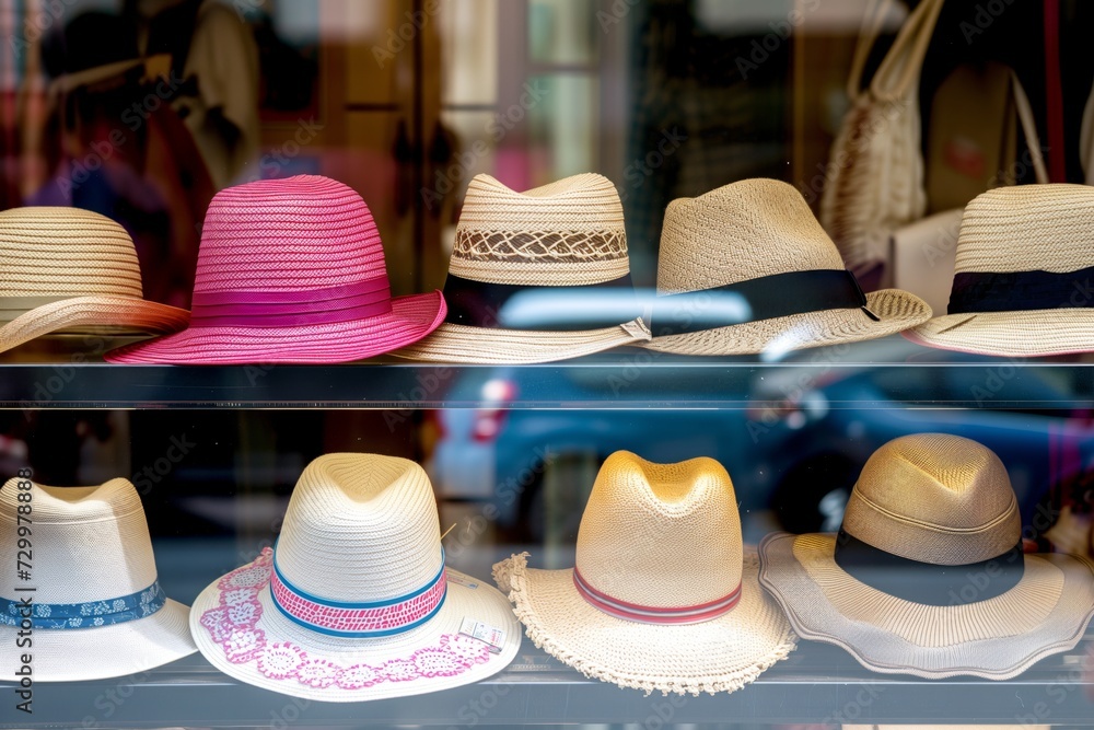 fashionable boutique window filled with summer hats