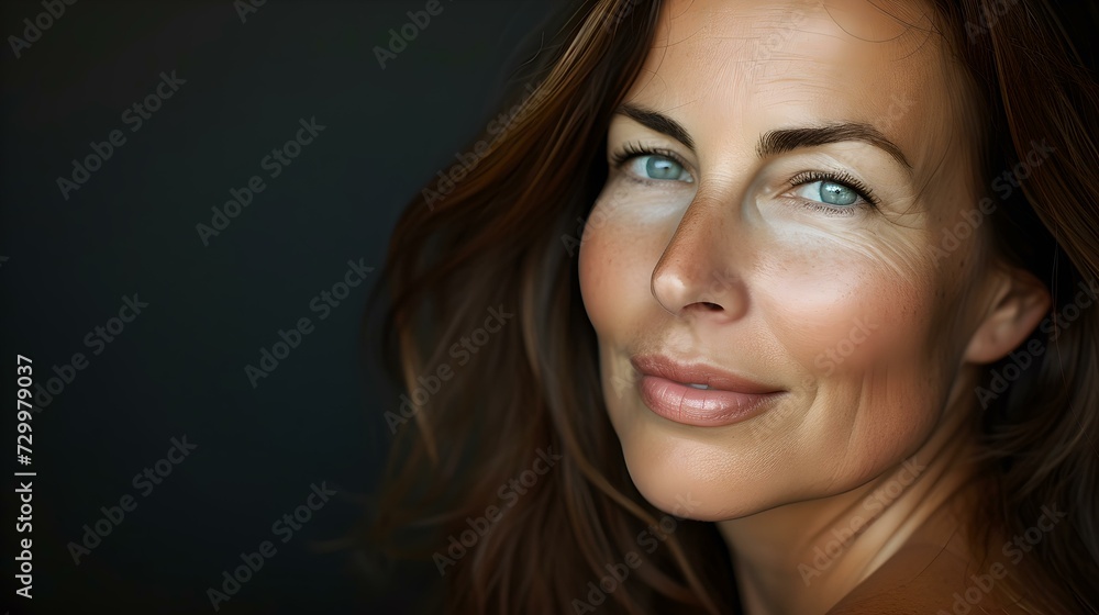 Serene woman with green eyes, subtle smile, and natural beauty on a dark background. ideal for lifestyle and wellness concept. portrait style, digital art. AI Serene woman with green eyes, subtle smile, and natural beauty on a dark background. ideal for lifestyle and wellness concept. portrait style, digital art. AI
