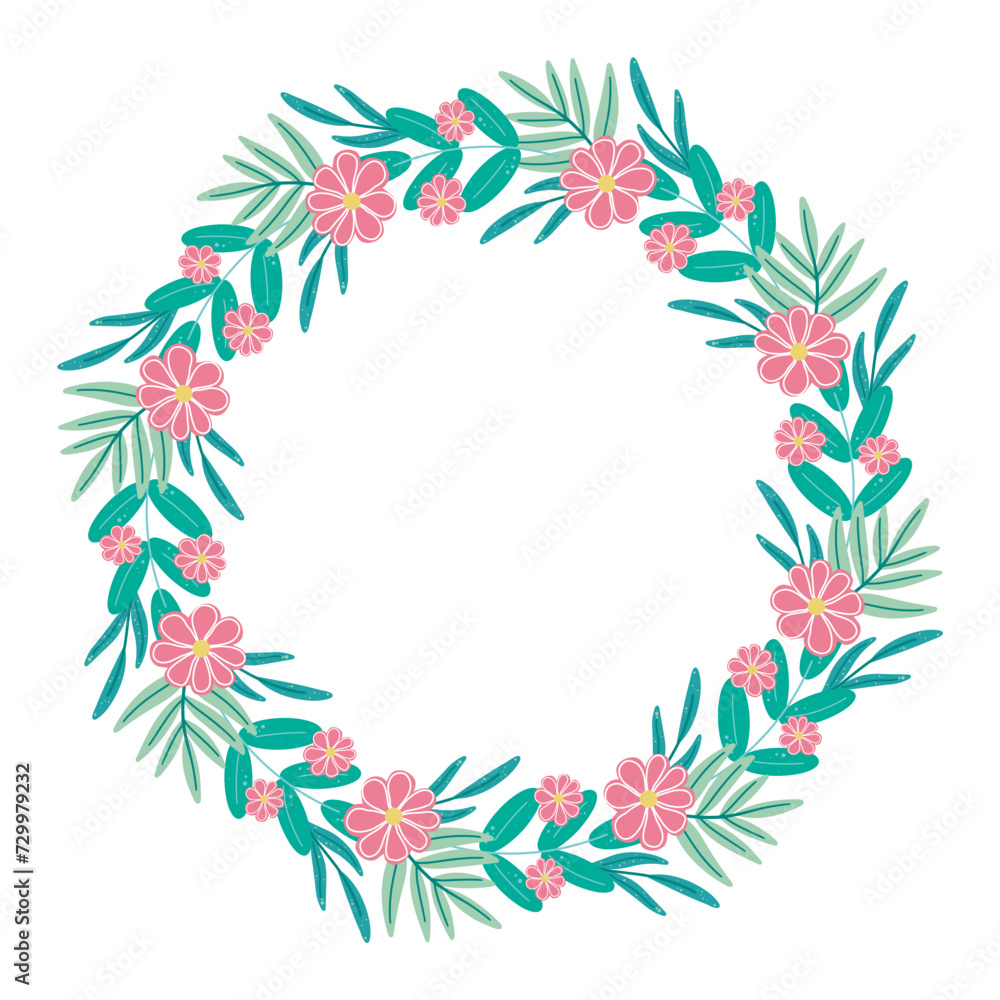 Round frame with spring flowers and herbs, copy space. Floral summer wreath. Flowers, foliage and herbs bezel. Blank template for invitation, card and design, isolated vector illustration