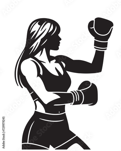 beautiful girl boxer. Women's boxing. Black and white vector illustration. Isolated object, icon, logo