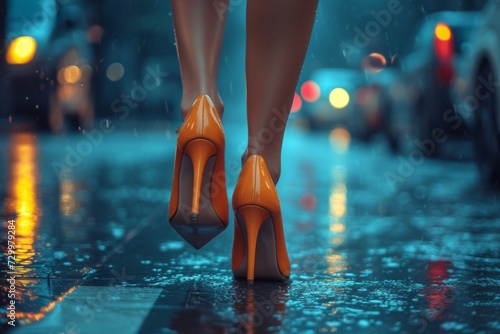 Female legs in shoes walks along a city street