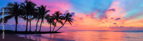 Silhouette of palm trees against a colorful sunset sky on a tranquil beach, background image, generative AI