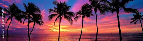 Silhouette of palm trees against a colorful sunset sky on a tranquil beach, background image, generative AI © Hifzhan Graphics