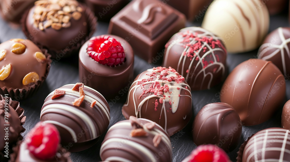 chocolate candies with various fillings, sweet food background. Made with generative ai chocolate candies with various fillings, sweet food background. Made with generative ai