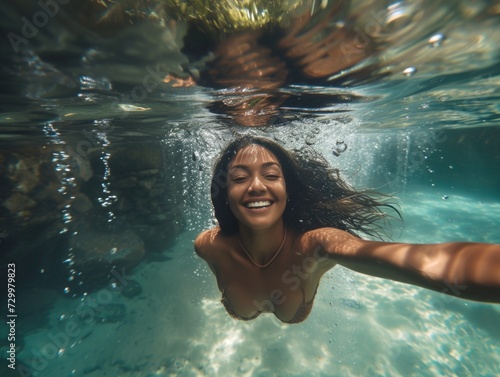underwater shot of a Gorgeous with dark hair, She's and is swimming towards the viewer in a crystal clear pool at jungle waterfall