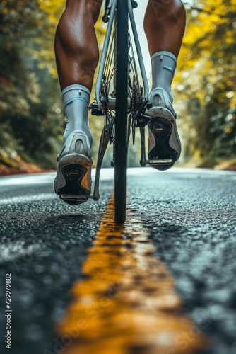 Cyclist's legs in sleek cycling shoes pedal photo