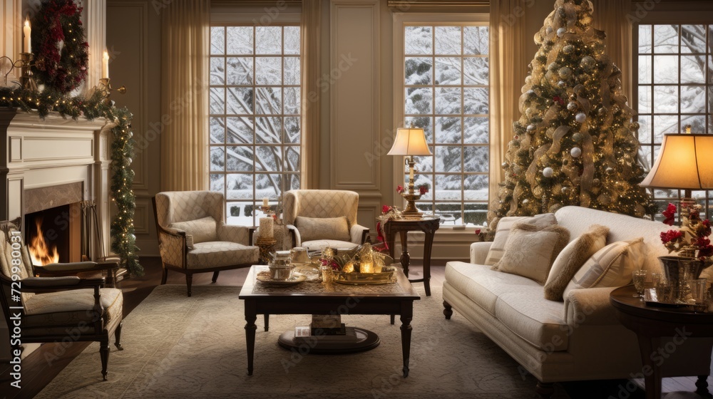 Stylish cozy home interior decorated for Christmas. Neural network AI generated art