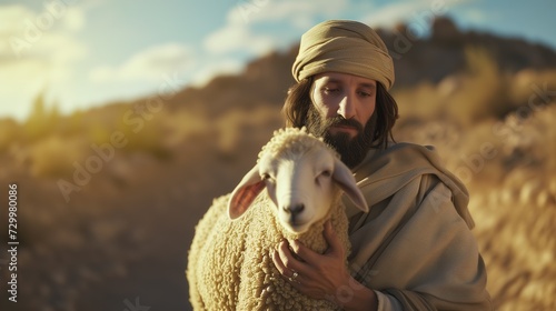 ancient Israelis man holding sheep in arm, Generative Ai