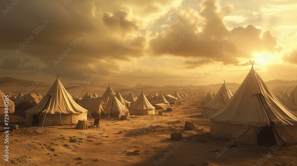 ancient Israelis people live in tent  during wandering in desert, big cloud shade over the camp, old testament believer concept theme, Generative Ai - obrazy, fototapety, plakaty 