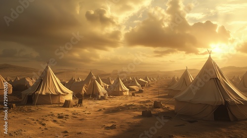 ancient Israelis people live in tent  during wandering in desert, big cloud shade over the camp, old testament believer concept theme, Generative Ai photo
