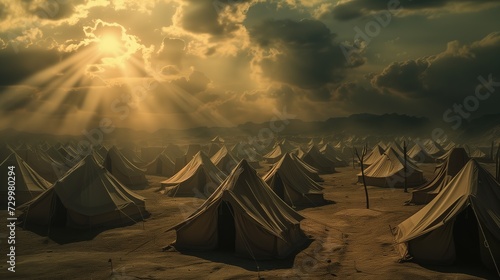 ancient Israelis people live in tent  during wandering in desert  big cloud shade over the camp  old testament believer concept theme  Generative Ai