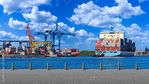 Seaport with ship. Pier ove...