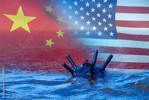 Underwater mine. Flags USA and China. Maritime confrontation America and China. Naval bomb to blow up enemy ship. Confrontation people republic China and USA. Concept for USA naval exercises in Asia photo