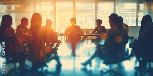 AI generative image: Abstract blurred defocused of asian young team sitting group circle meeting in top wide angle view in modern office.