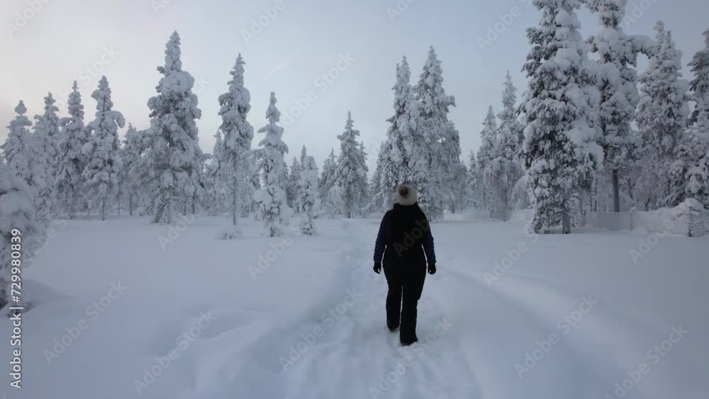 Girl Exploring Winter Scenery In Snowy Forest In Lapland, Finland, Arctic Circle Girl Exploring Winter Scenery In Snowy Forest In Lapland, Finland, Arctic Circle