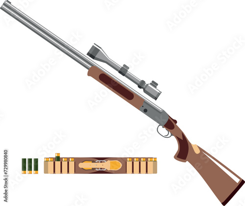 Rifle with Optical Sight and Hunting Bandolier Belt with Cartridges Isolated Icon in Flat Style. Vector Illustration.
