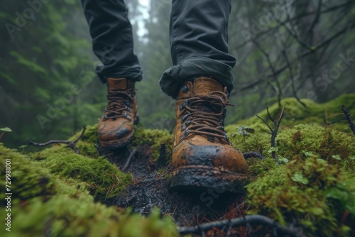 Man legs in hiking boots trudges through forest