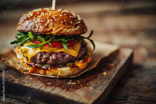 Mouthwatering cheeseburger with a golden sesame bun, cheddar, arugula, tomato, and beef patty on a rustic wooden plank, ready to be devoured.