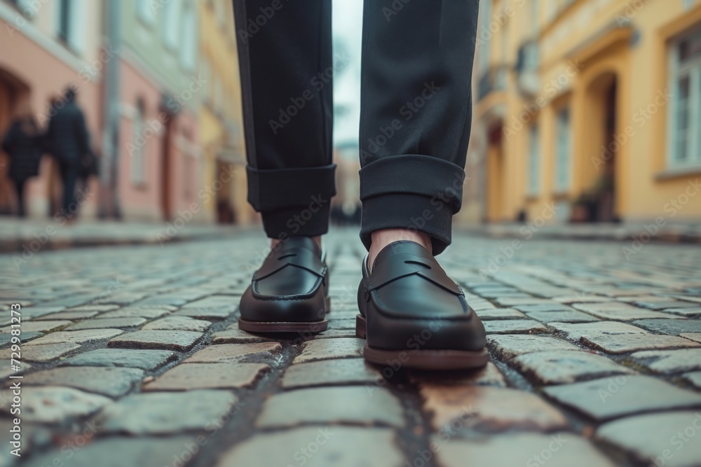 Fototapeta premium Male legs in classic leather loafers walking in the city