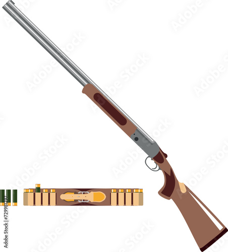 Hunting Rifle and Hunting Bandolier Belt with Cartridges Isolated Icon in Flat Style. Vector Illustration.