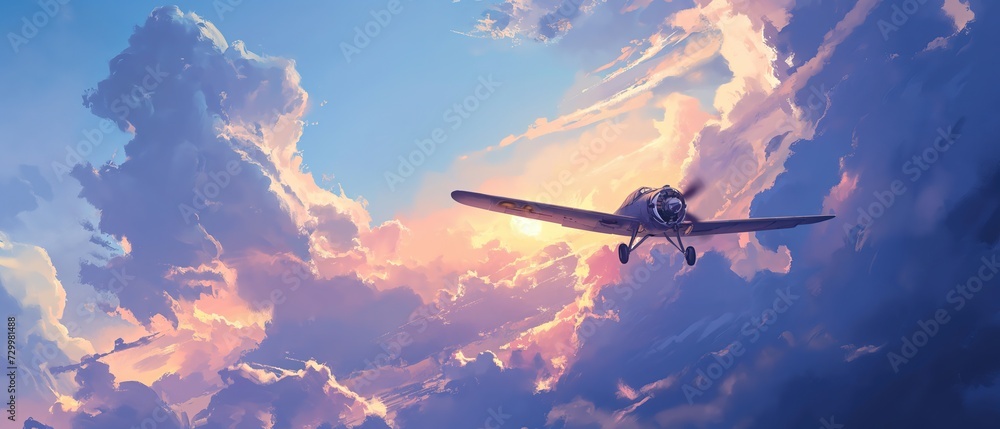 painting style illustration gorgeous sky cloudscape view with airplane take flight on sky, painting art style background wallpaper,  Generative Ai - obrazy, fototapety, plakaty 