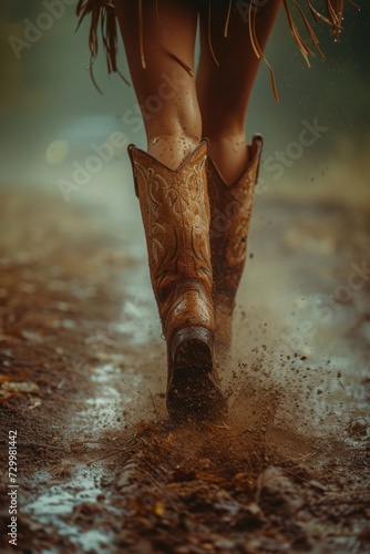 Female legs in cowboy boots photo