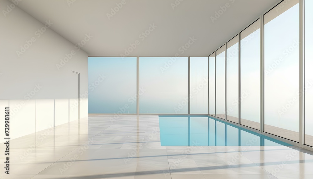 Fototapeta premium Spacious room with a swimming pool and panoramic windows. generative AI