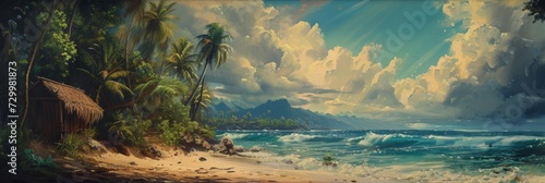 South Seas Scene as a Vintage Tiki Canvas Painting Background created with Generative AI Technology photo