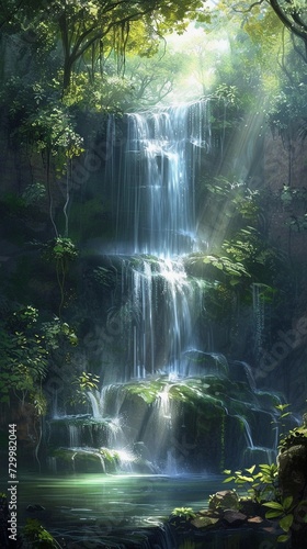 Hidden waterfall tucked away in a secluded forest  background image  generative AI