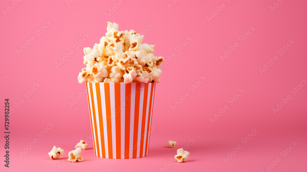 Paper cup of colorful sweet popcorn on pink background