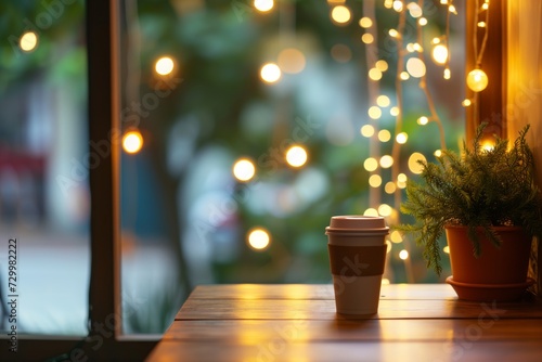 empty table corner, blurred string lights and cafe decor