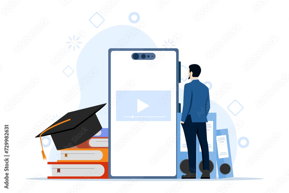 Concept of Students studying online at home. Character looking for educational videos on smartphone. online lessons. online education and e-learning. Isolated flat isometric vector illustration. Concept of Students studying online at home. Character looking for educational videos on smartphone. online lessons. online education and e-learning. Isolated flat isometric vector illustration.