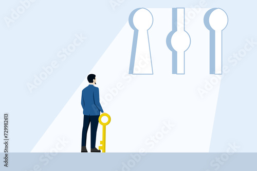 business decision concept. making decisions in business, making choices, Businessman holding a key in hand and deciding to choose the keyhole. flat vector illustration on white background.