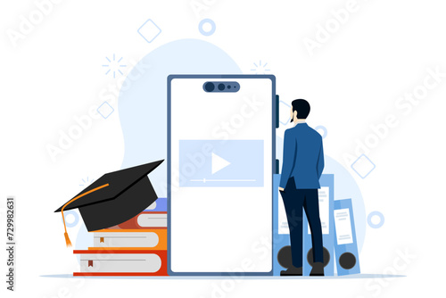 Concept of Students studying online at home. Character looking for educational videos on smartphone. online lessons. online education and e-learning. Isolated flat isometric vector illustration.