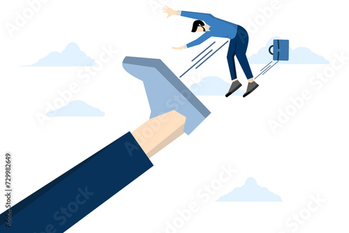 Fired from job, company lays off or underperforming employee, angry giant boss kicks employee businessman from office, business failure or mistake concept, underperforming employee concept.