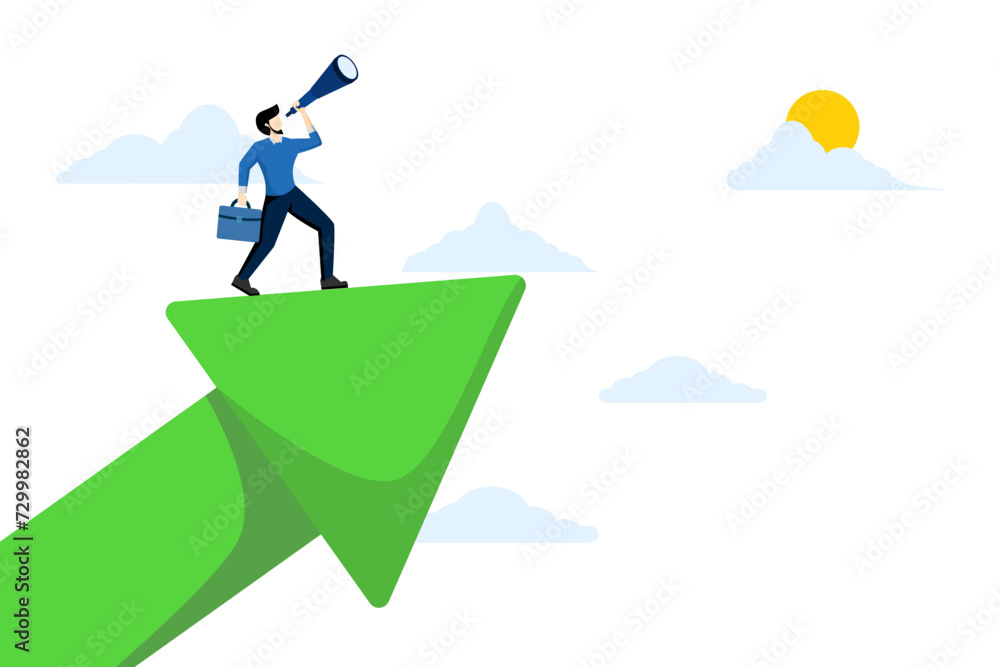 Concept of seeing the future of business. Businessman with telescope standing on growth arrow graph looking at future, success, opportunities, business vision concept, flat vector illustration. Concept of seeing the future of business. Businessman with telescope standing on growth arrow graph looking at future, success, opportunities, business vision concept, flat vector illustration.
