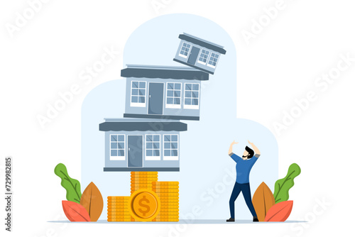 Real estate stock risk or economic recession concept, falling property and housing market, homeowner businessman or real estate agent helping protect house from falling from unstable pile of coins.