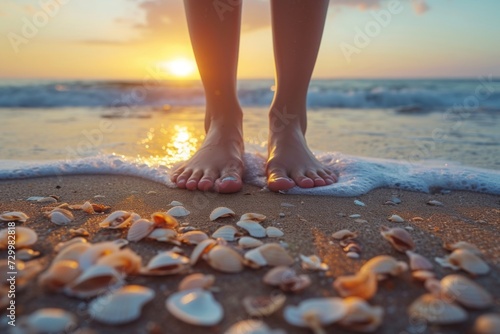Feet in sandals stand on a sandy beach