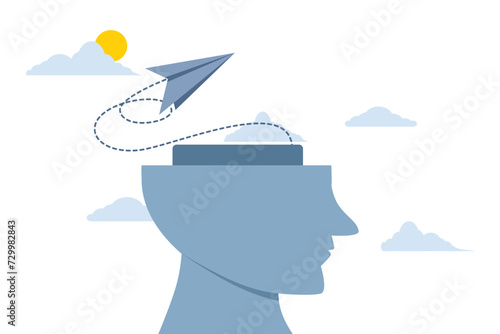 Concept of creative mindset, thinking of solutions to problems, emotional intelligence or passion for success, human head with brain lines as imagination to launch a paper plane into the clouds.
