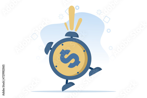 Time is money concept, making profit from investment, promotional alert for bargain deal, bill payment or deadline to start building wealth, sounding alarm clock with dollar bill sign on clock face.