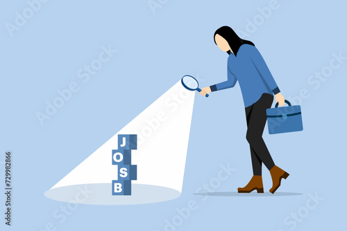 Concept of Looking for a job, recruitment or candidate opportunity to find the right job and employer, smart unemployed using a magnifying glass to look at a stack of boxes with the word Job.