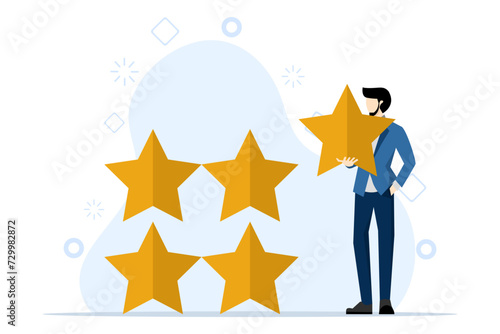 User experience concept, customer feedback star rating or business and investment rating concept, businessman holding golden yellow star to add 5 stars rating. flat vector illustration on background.
