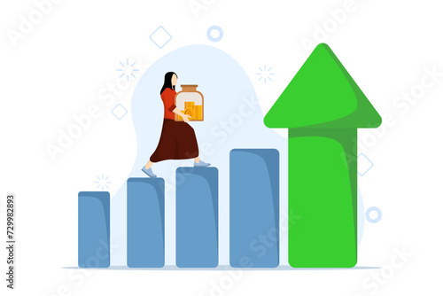 Growth stock concept, economic prosperity or growth returns in savings and investment, confident businessman investor holding rich pink piggy bank running over green arrow stock market bar graph.