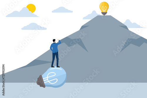 looking for clear ideas seeing future opportunities, challenges overcoming difficulties seeing real visionary concepts, Businessman with binoculars looking at ideas at the top of the mountain.