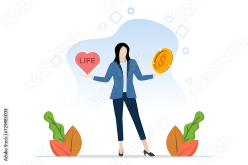 Work life balance concept, choosing between spending time with family and yourself or working hard to earn money, businessman with a big coin with a heart shaped verb and life on the other side.