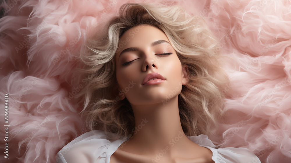 A serene portrait of a woman surrounded by soft pink clouds, her eyes closed in peaceful repose