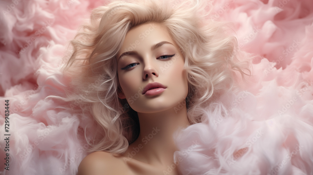 A stunning vision of beauty, a blonde woman lies amidst plush pink feathers, her gaze serene and direct