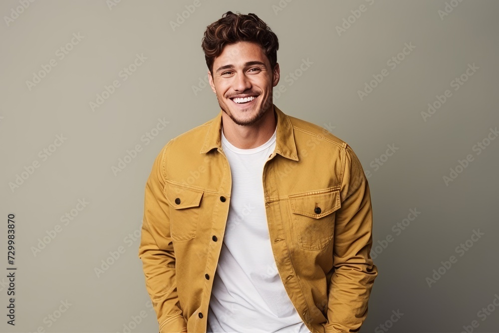 Handsome young man smiling and looking at camera while standing against grey background Handsome young man smiling and looking at camera while standing against grey background